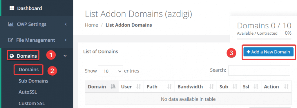 Hướng dẫn thêm Addon/Sub Domain vào Centos Web Panel