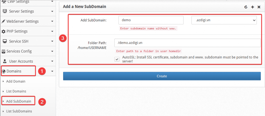 Hướng dẫn thêm Addon/Sub Domain vào Centos Web Panel