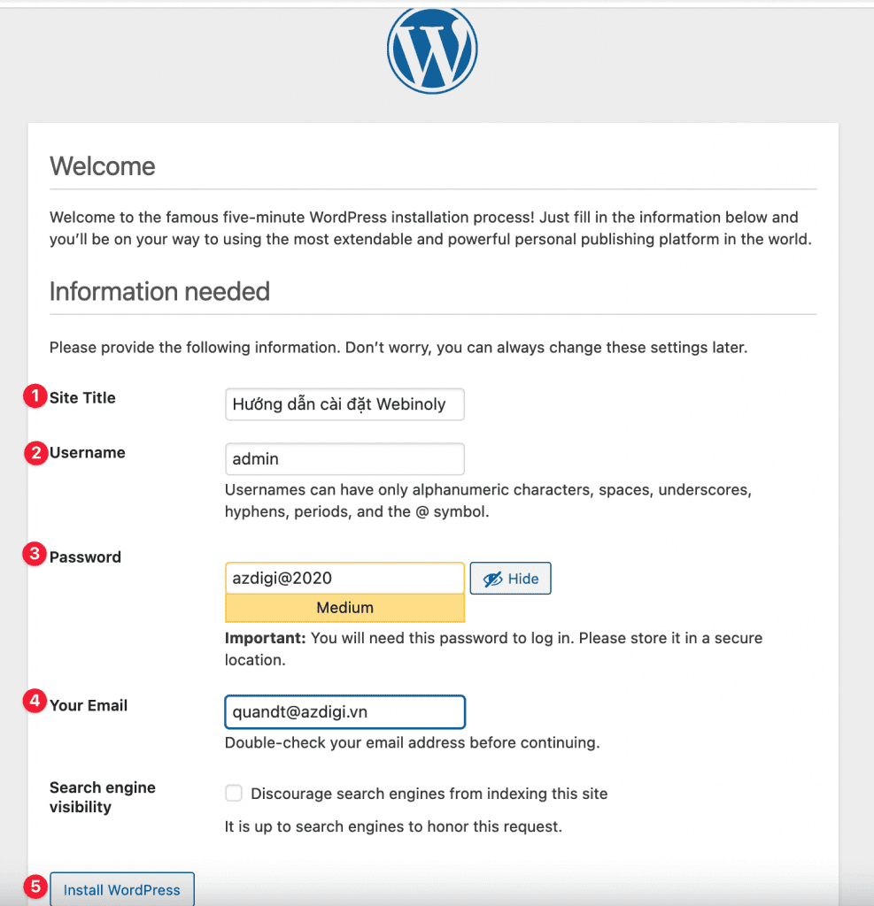 cài đặt WordPress trên Webinoly