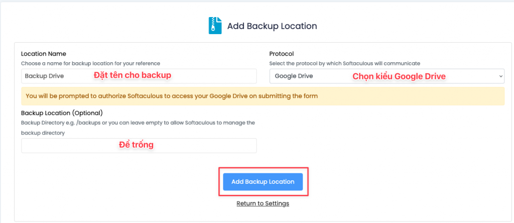 Backup data to Google Drive via Softaculous